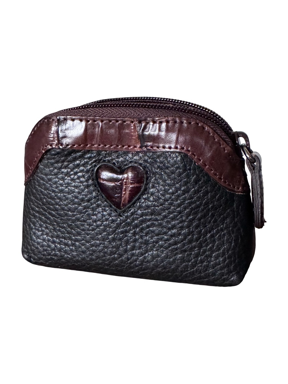 Brighton Black Pebble Leather Coin Purse Brown Croc Embossed Trim Heart Accent